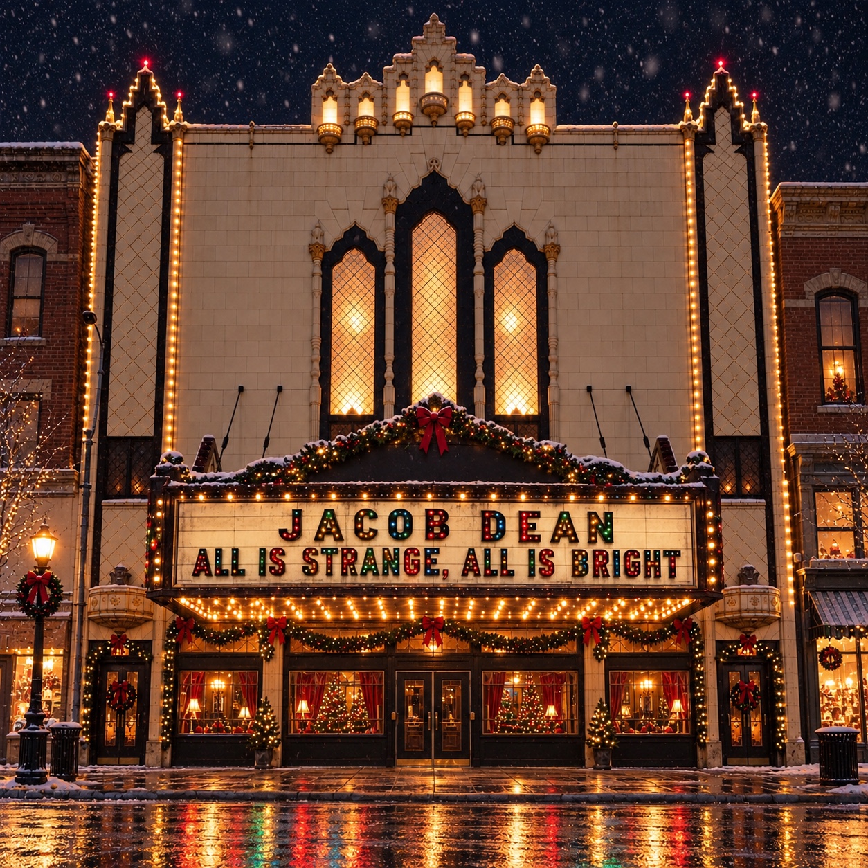 All Is Strange, All Is Bright album cover: a snowy theater glowing with colorful Christmas lights, with Jacob Dean and the album title on its marquee