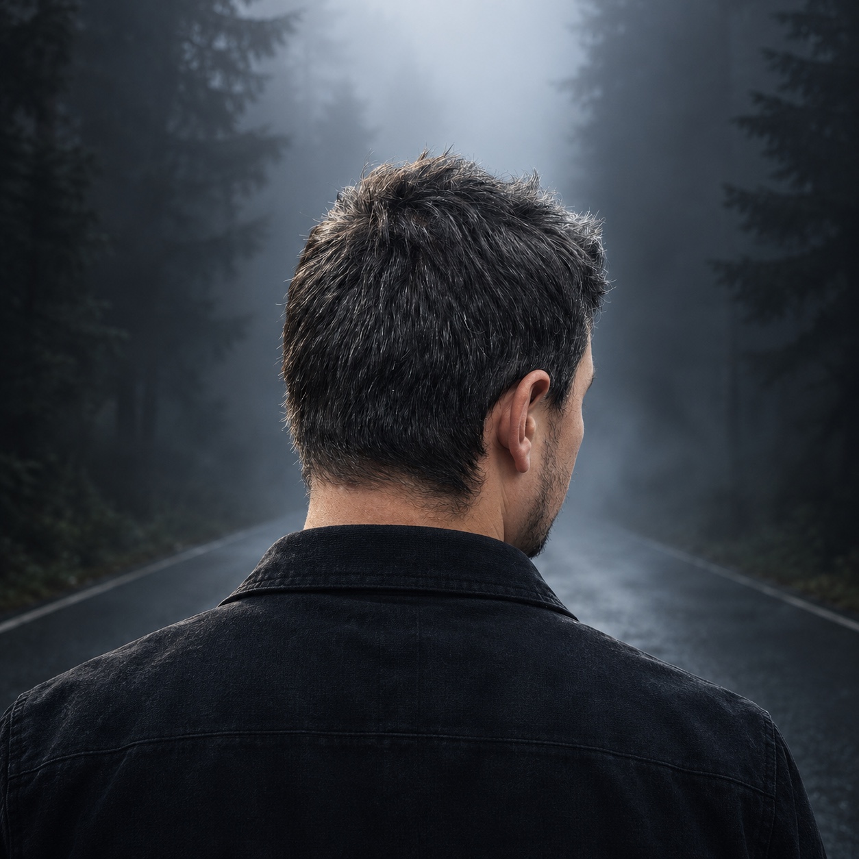 Jacob Dean seen from behind on a foggy road through a Pacific Northwest forest